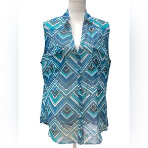 New York and CompanSleeveless Geometric Chevron Button-Up Blouse in Teal & Black